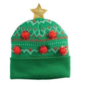 Ugly Stuff Supply Christmas Tree Knit Beanie with Glitter Star & Tinsel Poms